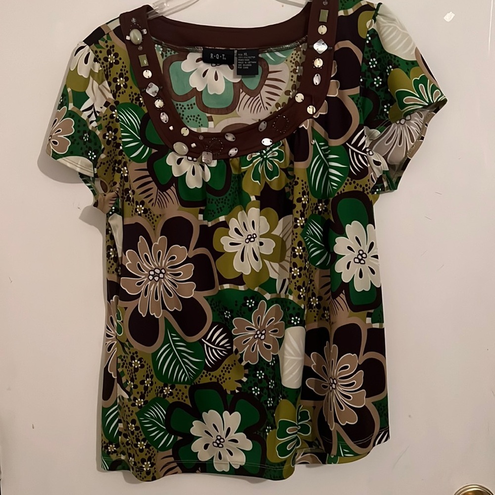 Ladies top, brown and green print, some of the beads are loose and some missing